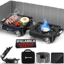 iPalamila 2-Burner Pro Camping Stove, 7000W, foldable portable gas stove with wind shield, grill pan and carry bag