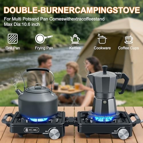 iPalamila 2-Burner Pro Camping Stove, 7000W, foldable portable gas stove with wind shield, grill pan and carry bag-4