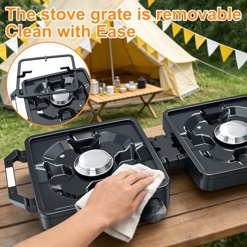 iPalamila 2-Burner Pro Camping Stove, 7000W, foldable portable gas stove with wind shield, grill pan and carry bag-6