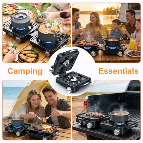 iPalamila 2-Burner Pro Camping Stove, 7000W, foldable portable gas stove with wind shield, grill pan and carry bag-7