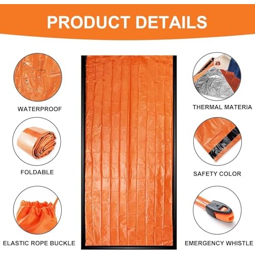 PJHAJH Emergency Sleeping Bag and Reusable Survival Blanket 2 Pack with Whistle-2