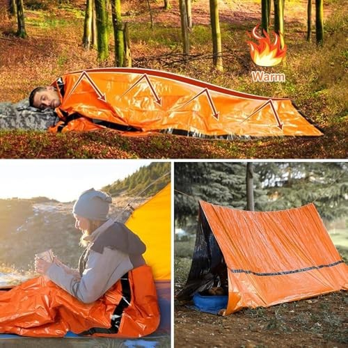 PJHAJH Emergency Sleeping Bag and Reusable Survival Blanket 2 Pack with Whistle-5