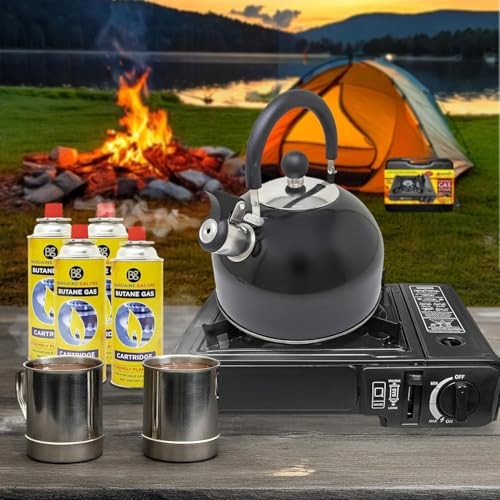 BARGAINS-GALORE 3-in-1 Camping Starter Kit with Gas Stove, 4 Gas Bottles and 2.5L Kettle-1