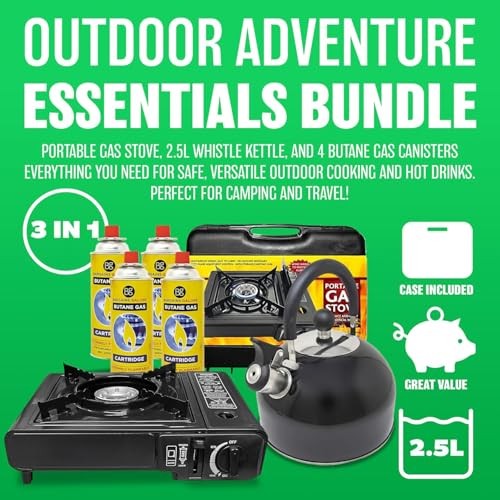 BARGAINS-GALORE 3-in-1 Camping Starter Kit with Gas Stove, 4 Gas Bottles and 2.5L Kettle-2