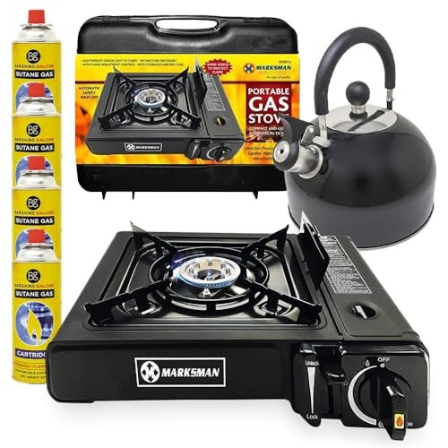 BARGAINS-GALORE 3-in-1 Camping Starter Kit with Gas Stove, 4 Gas Bottles and 2.5L Kettle