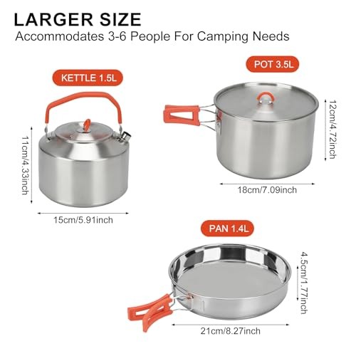 BSDLZCH 304 Stainless Steel Camping Cookware Set, 3-Piece with Frying Pan, Pot and Kettle, Folding Handle, 3-6 Person-1