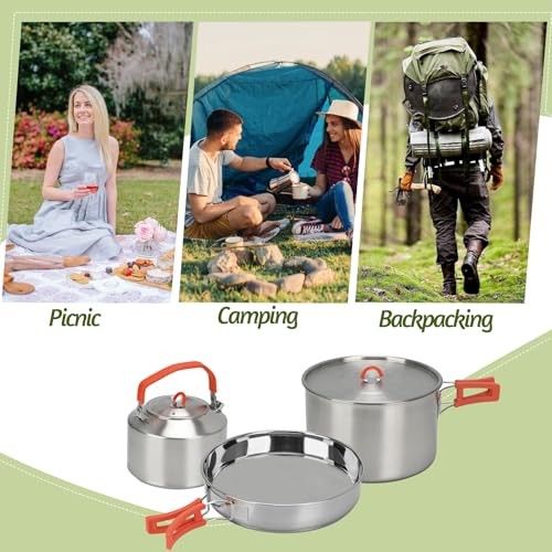 BSDLZCH 304 Stainless Steel Camping Cookware Set, 3-Piece with Frying Pan, Pot and Kettle, Folding Handle, 3-6 Person-5
