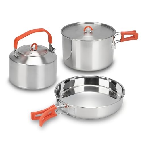 BSDLZCH 304 Stainless Steel Camping Cookware Set, 3-Piece with Frying Pan, Pot and Kettle, Folding Handle, 3-6 Person