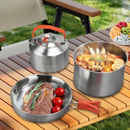 BSDLZCH 304 Stainless Steel Camping Cookware Set, 3-Piece with Frying Pan, Pot and Kettle, Folding Handle, 3-6 Person-6