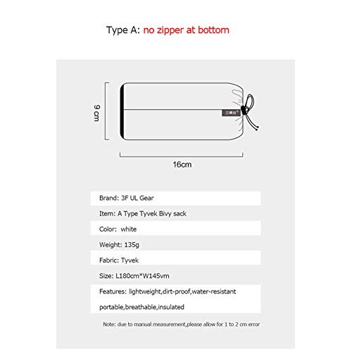 3F UL Gear Tyvek Sleeping Bag Cover Liner Bivy Sack, Type B-4