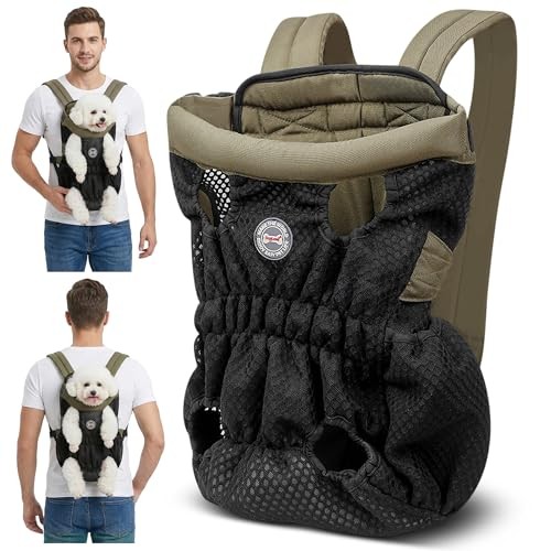 ALLSOPETS Dog Carrier Backpack for Small to Medium Dogs, Front Pet Carrier with Safety Hook, Olive Green, L