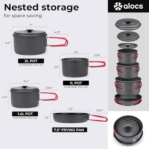 Alocs Camping Cookware Set, 2L + 1.4L + 1L Pots and 7.5-inch Non-stick Pan-1
