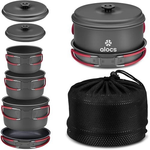 Alocs Camping Cookware Set, 2L + 1.4L + 1L Pots and 7.5-inch Non-stick Pan
