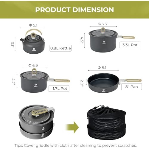 Alocs Camping Cookware Set with 1.7L Pot, 3L Pot, 0.8L Kettle and 8-inch Frying Pan-1