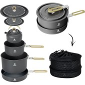 Alocs Camping Cookware Set with 1.7L Pot, 3L Pot, 0.8L Kettle and 8-inch Frying Pan