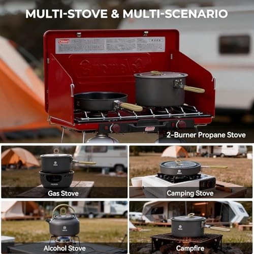 Alocs Camping Cookware Set with 1.7L Pot, 3L Pot, 0.8L Kettle and 8-inch Frying Pan-2