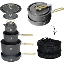 Alocs Camping Cookware Set with 1.7L Pot, 3L Pot, 0.8L Kettle and 8-inch Frying Pan
