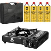 Aspect portable camping stove with 4 gas canisters, single burner, black