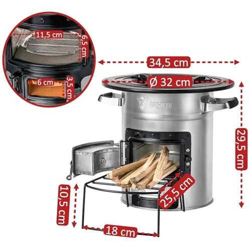 BBQ-Toro silver rocket stove, Ø 32, with 2 air vents and firewood rack-3