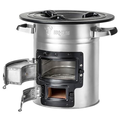 BBQ-Toro silver rocket stove, Ø 32, with 2 air vents and firewood rack-4