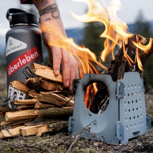 überleben Stöker Wood Burning Camping Stove, 18oz Flatpack Stainless Steel, Smokey Blue-4