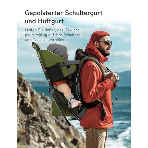 besrey Baby Backpack Carrier with 3-Height Safety Seat, Adjustable Straps and Waist Belt, Foldable Frame, Lightweight Large Capacity Child Carrier, Army Green-1