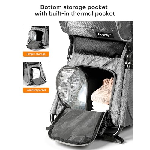 besrey Baby Backpack Carrier, Toddler Hiking Backpack, Plus Grey, with Safety 3-Height Seat, Adjustable Straps and Waist Belt, Foldable Frame-2