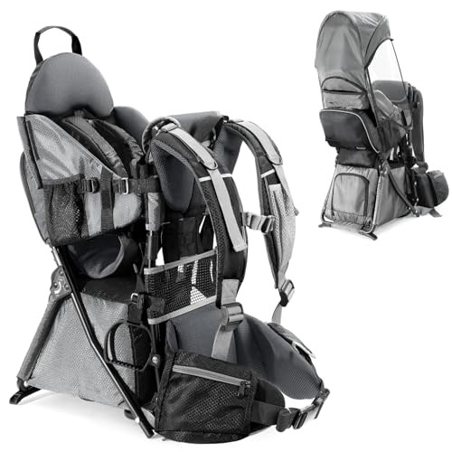 besrey Baby Backpack Carrier, Toddler Hiking Backpack, Plus Grey, with Safety 3-Height Seat, Adjustable Straps and Waist Belt, Foldable Frame