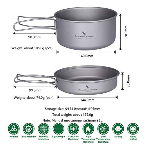 Boundless Voyage Titanium Pot and Pan Set with Lid, Folding Bail Handle, Ti15114A 1000ml + 500ml-1