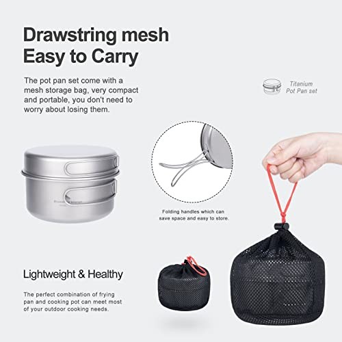 Boundless Voyage Titanium Pot and Pan Set with Folding Handles, Ti15114A 1000ml/500ml-3