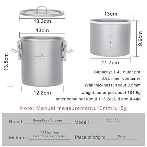 Boundless Voyage Titanium Backpacker Rice Cooker Pot, 1.4L Outer Pot with 0.9L Inner Container, ti2093c-d-1