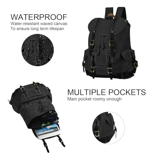 BRASS TACKS Leathercraft waxed canvas backpack, black, one size-1