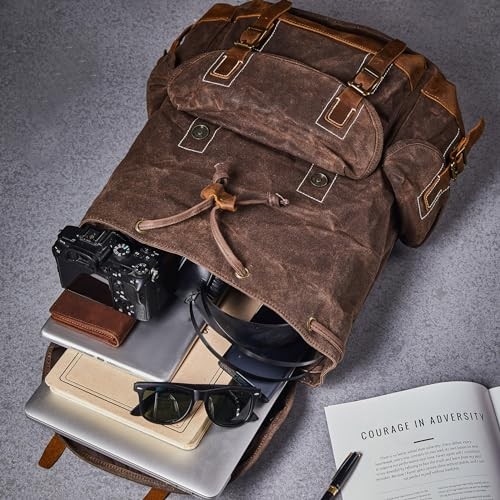 BRASS TACKS Leathercraft Heavy Duty Waxed Canvas Vintage Backpack, Brown, One Size-2