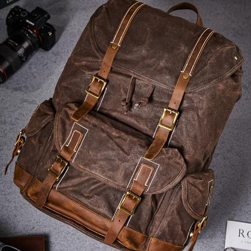 BRASS TACKS Leathercraft Heavy Duty Waxed Canvas Vintage Backpack, Brown, One Size-4