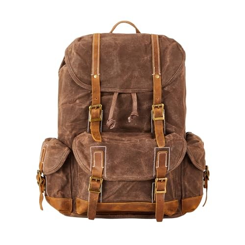 BRASS TACKS Leathercraft Heavy Duty Waxed Canvas Vintage Backpack, Brown, One Size