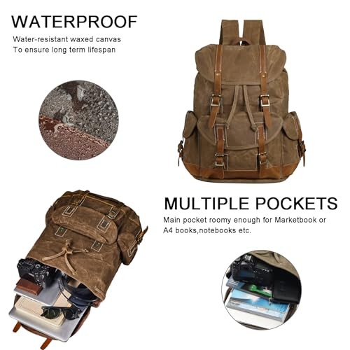 BRASS TACKS Leathercraft Waxed Canvas Backpack, Brown-coffee, One Size-3