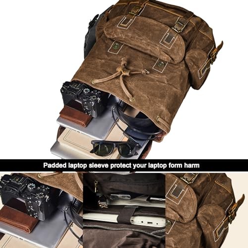 BRASS TACKS Leathercraft Waxed Canvas Backpack, Brown-coffee, One Size-4