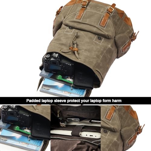 BRASS TACKS Leathercraft Waxed Canvas Vintage Waterproof Backpack, Olive Green, One Size-2