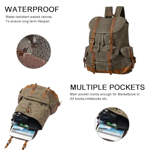 BRASS TACKS Leathercraft Waxed Canvas Vintage Waterproof Backpack, Olive Green, One Size-3