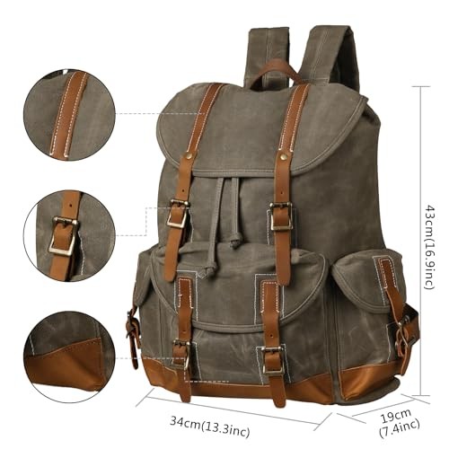 BRASS TACKS Leathercraft Waxed Canvas Vintage Waterproof Backpack, Olive Green, One Size-4