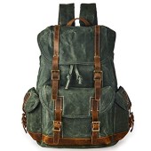 BRASS TACKS Leathercraft Heavy Duty Canvas and Genuine Leather Waterproof Buckle Cargo Pocket Utility Cinched Backpack, Green, One Size