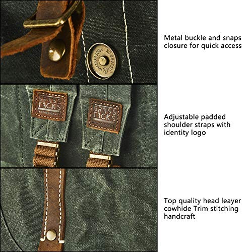BRASS TACKS Leathercraft Heavy Duty Canvas and Genuine Leather Waterproof Buckle Cargo Pocket Utility Cinched Backpack, Green, One Size-2
