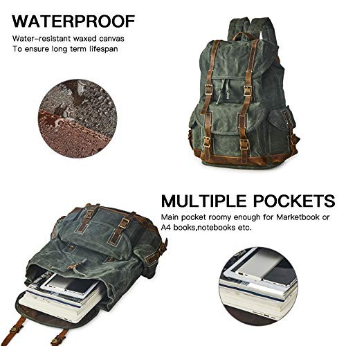 BRASS TACKS Leathercraft Heavy Duty Canvas and Genuine Leather Waterproof Buckle Cargo Pocket Utility Cinched Backpack, Green, One Size-3