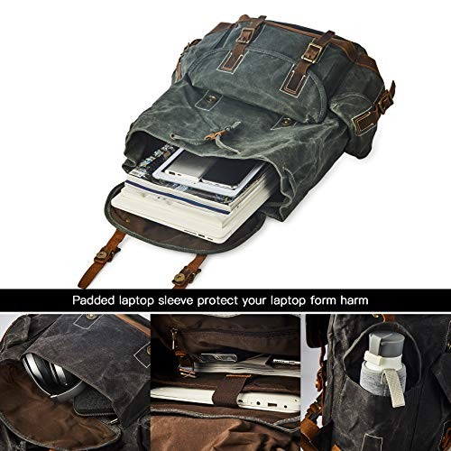 BRASS TACKS Leathercraft Heavy Duty Canvas and Genuine Leather Waterproof Buckle Cargo Pocket Utility Cinched Backpack, Green, One Size-4