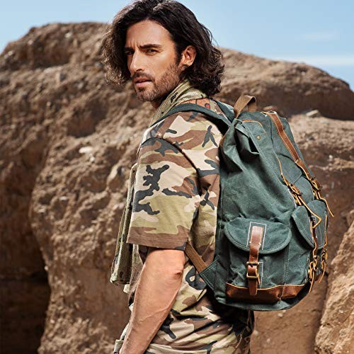 BRASS TACKS Leathercraft Heavy Duty Canvas and Genuine Leather Waterproof Buckle Cargo Pocket Utility Cinched Backpack, Green, One Size-5