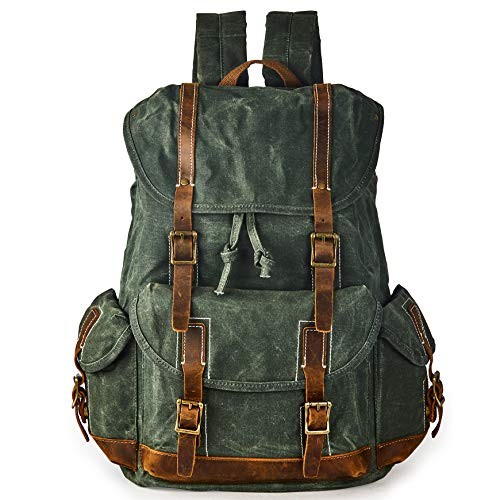 BRASS TACKS Leathercraft Heavy Duty Canvas and Genuine Leather Waterproof Buckle Cargo Pocket Utility Cinched Backpack, Green, One Size