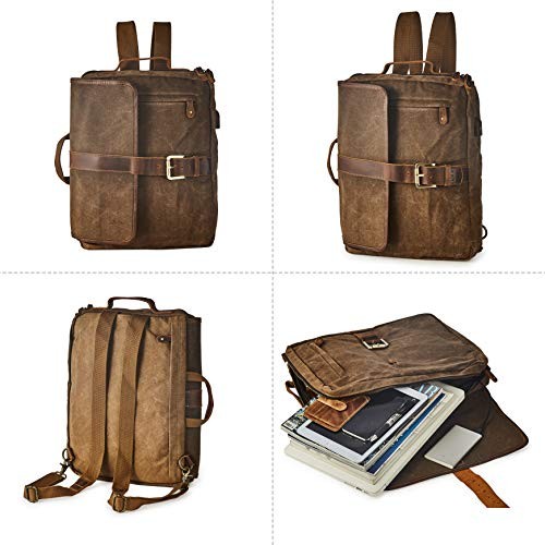 BRASS TACKS Leathercraft Bronze Vintage Waxed Canvas Convertible Laptop Messenger Backpack-2