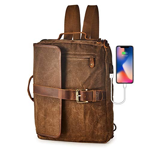 BRASS TACKS Leathercraft Bronze Vintage Waxed Canvas Convertible Laptop Messenger Backpack