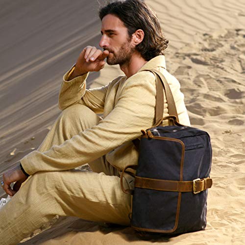 BRASS TACKS Leathercraft Vintage Waterproof Waxed Canvas Convertible Laptop Messenger Backpack Rucksack, Black Gray, One Size-4