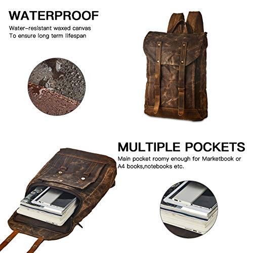 BRASS TACKS Leathercraft Vintage Waxed Canvas Shoulder Rucksack, Brown, One Size-4